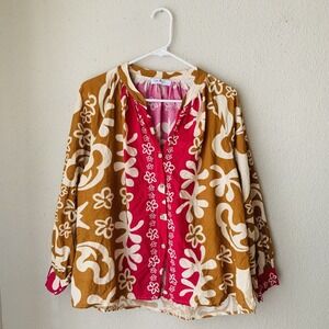 Gigi Moda Tropical Long Sleeve Button Down Blouse Top Made In Italy Cotton Sz M